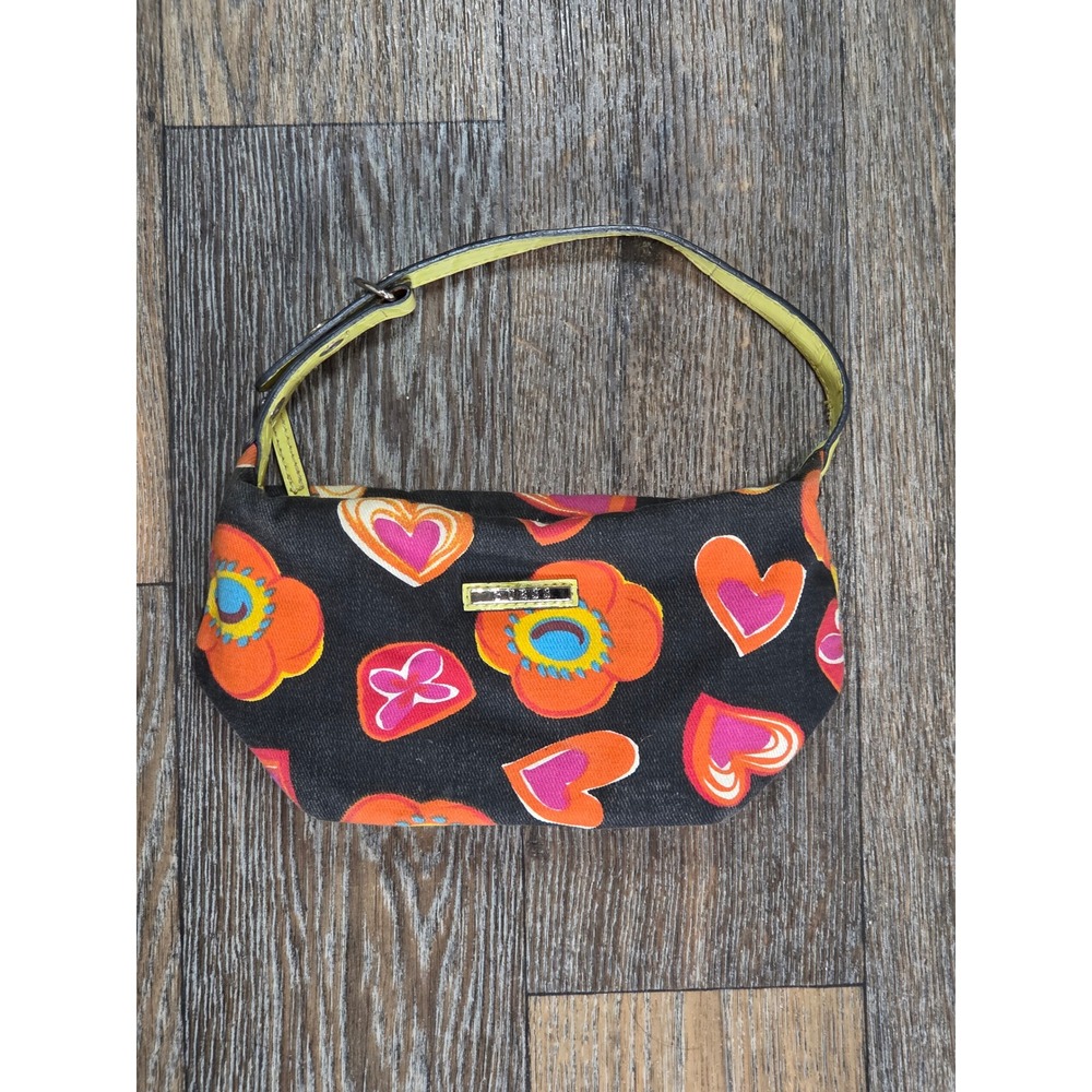 Vintage Guess Baguette Bag Black Psychedelic Floral Heart Print Y2K Mini Purse
